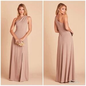 Birdy Grey Taupe Crepe Kira One Shoulder Bridesmaid Dress Size Small NWT